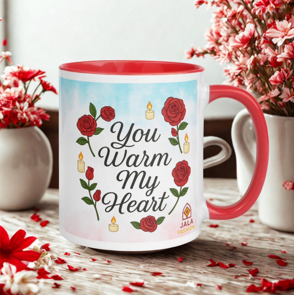 Romantic Roses & Candle Mug – “You Warm My Heart” Ceramic Cup