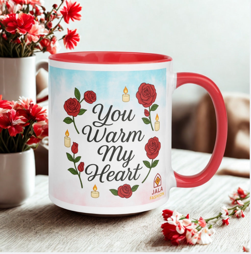 Romantic Roses & Candle Mug – “You Warm My Heart” Ceramic Cup