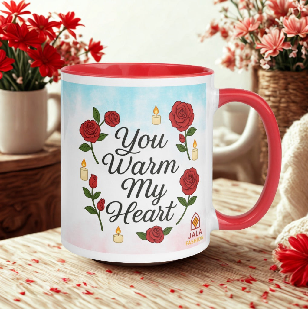 Romantic Roses & Candle Mug – “You Warm My Heart” Ceramic Cup
