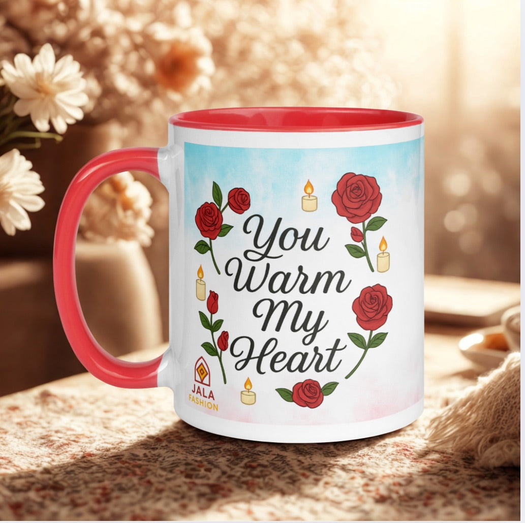 Romantic Roses & Candle Mug – “You Warm My Heart” Ceramic Cup