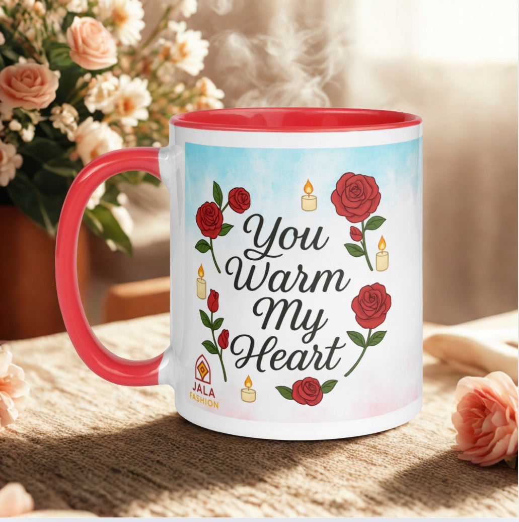 Romantic Roses & Candle Mug – “You Warm My Heart” Ceramic Cup