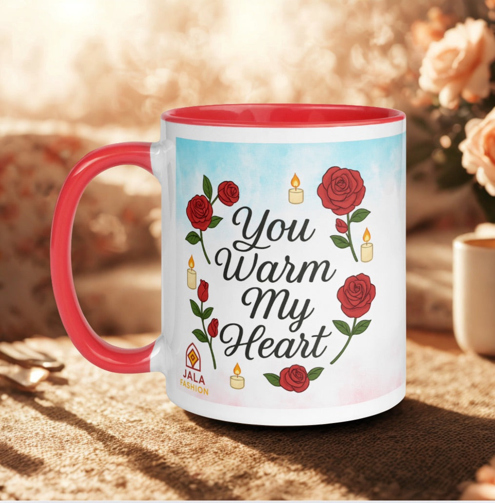 Romantic Roses & Candle Mug – “You Warm My Heart” Ceramic Cup