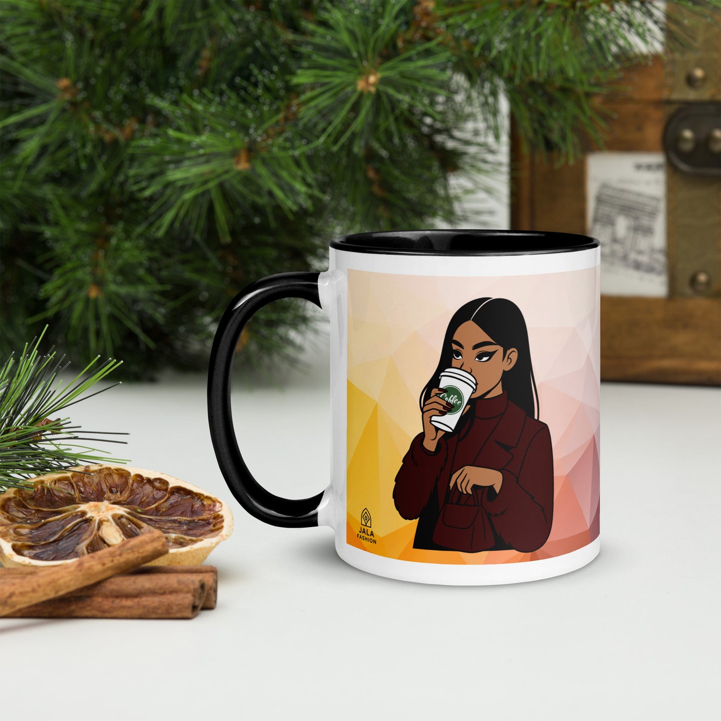 Stylish Ceramic Mug with Unique Artistic Woman Design – Colorful Inside Accent